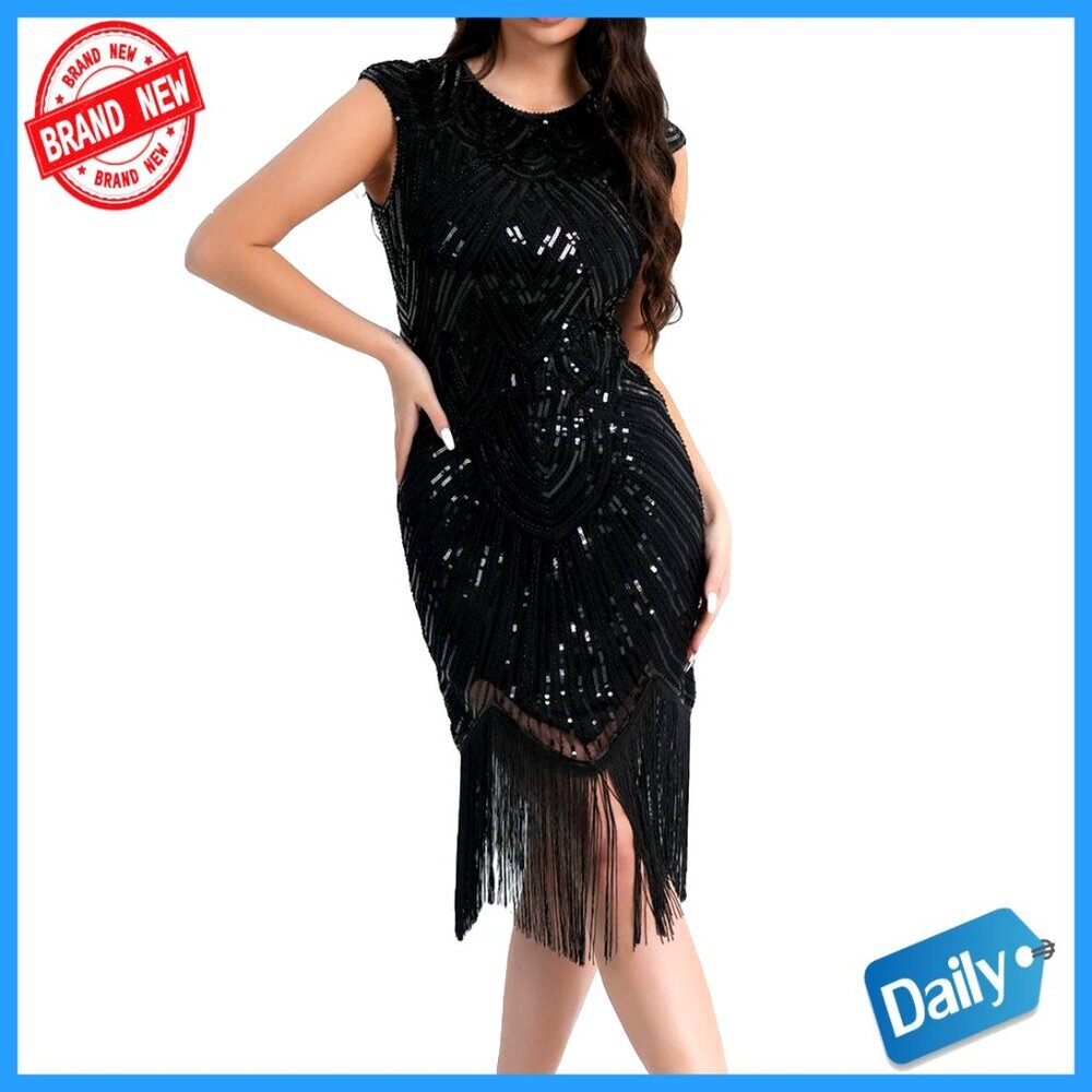 Vintage Flapper Dress Sequin Fringe Midi Gatsby Party Cocktail
